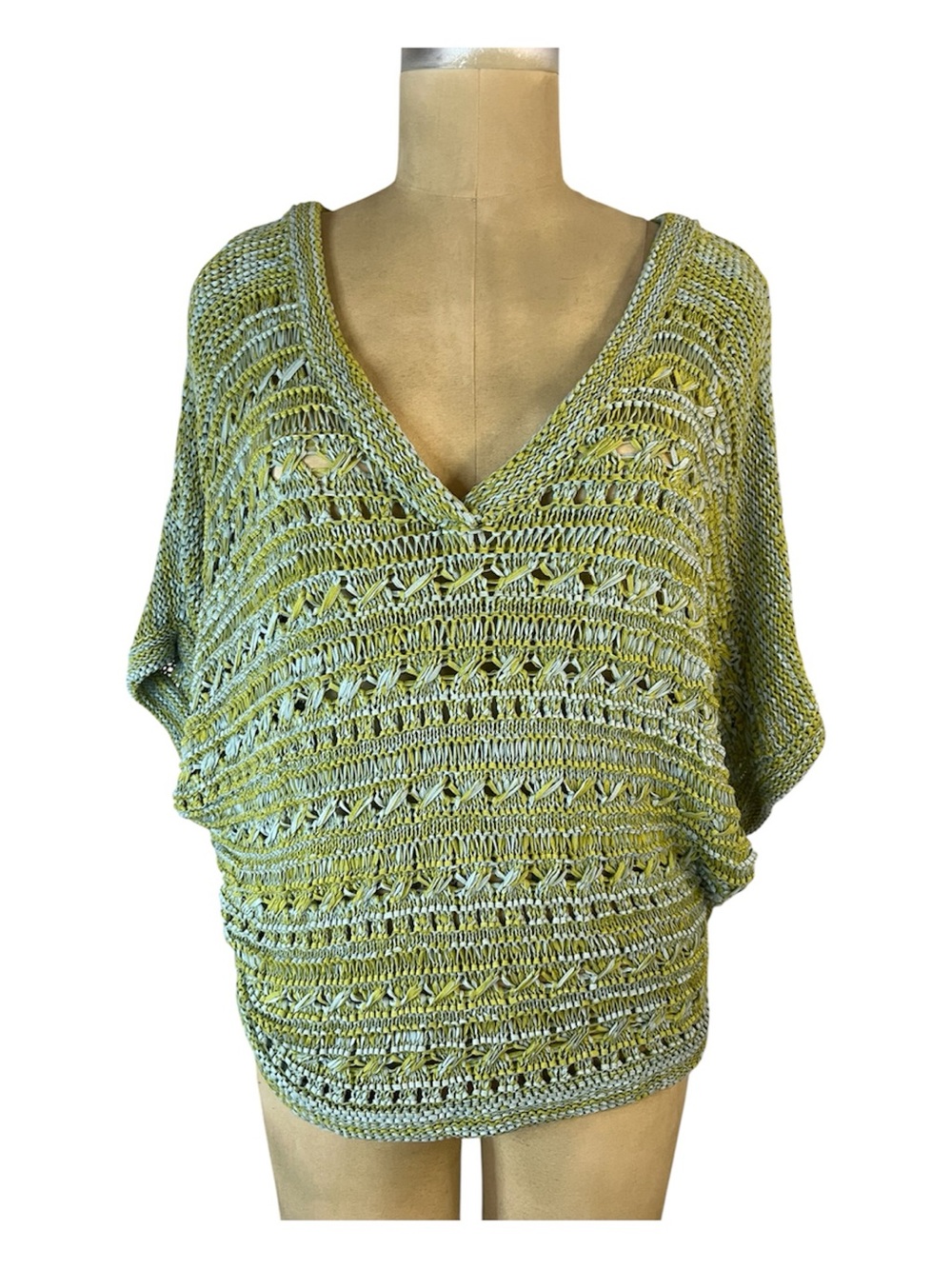 Vertigo Paris Open Knit V-Neck chunky Open Weave Sweater in Sage Green & Blue